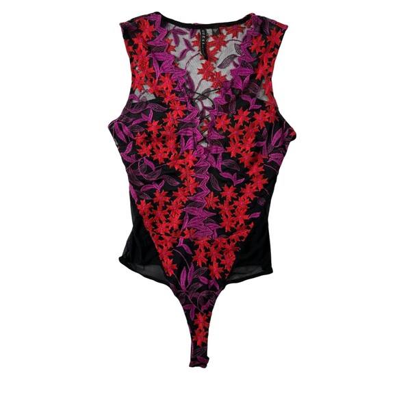 Guess Black Embroidered Mesh Sleeveless V-Neck Thong Bodysuit Top  XS  Lace-Up - Picture 1 of 7